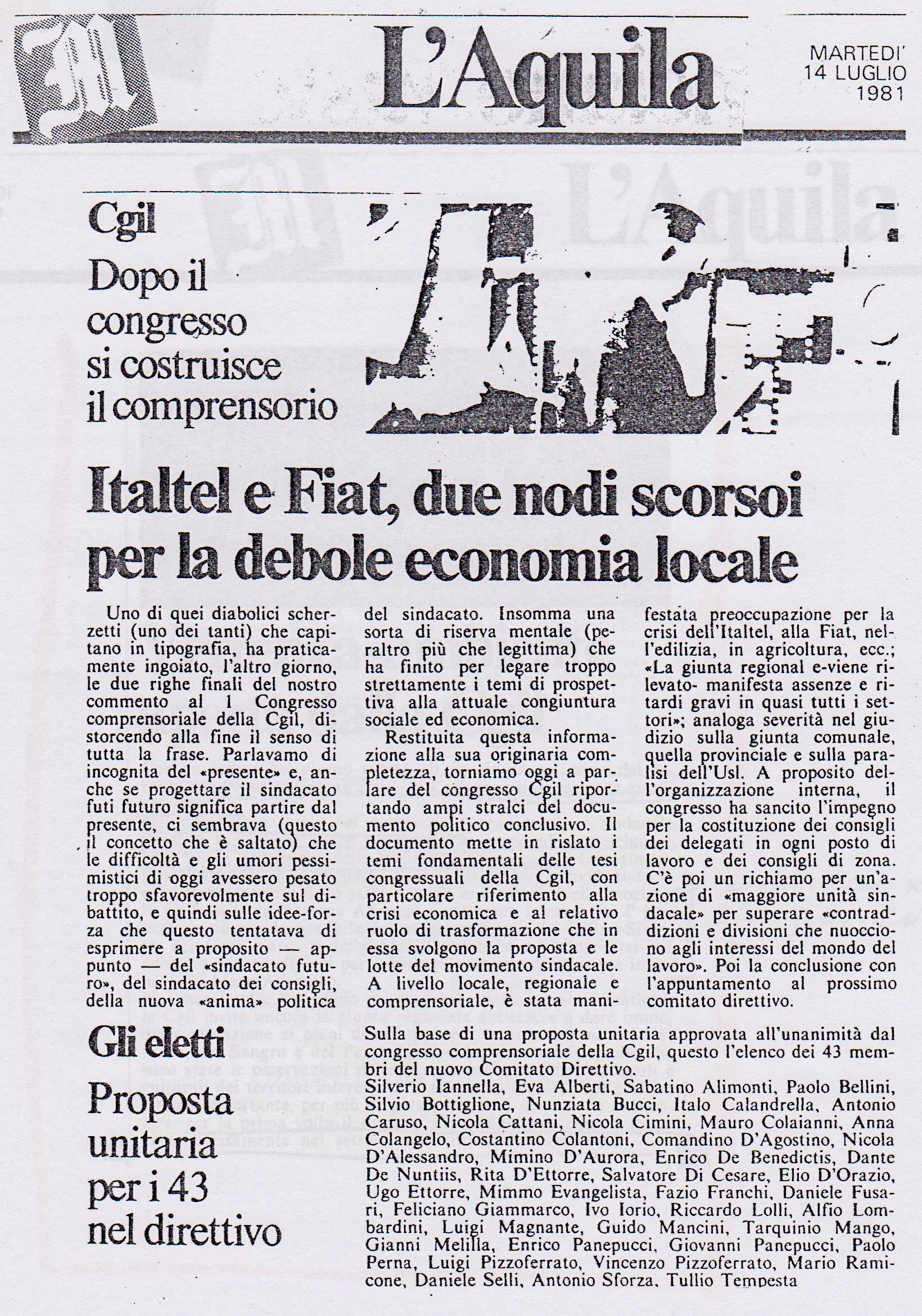 1981.07.14. Messaggero. Cgil nuovo direttivo Sulmona